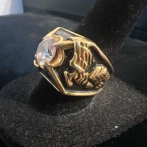 Vintage gold electroplate,Black enamel and cz Phoenix size 7 ring